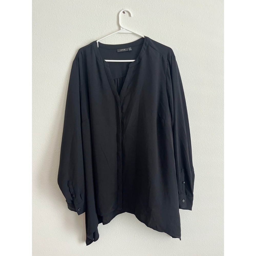 Apt. 9 Blouse Top Womens 2X Black Pleated V Neck Button Front Everyday Wear